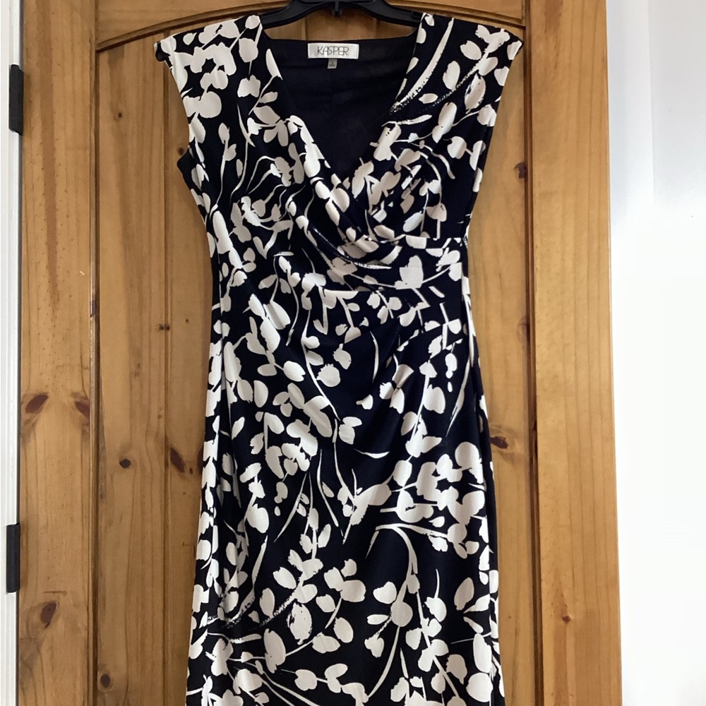 Kasper Black and White Floral Draped V-Neck Dress
